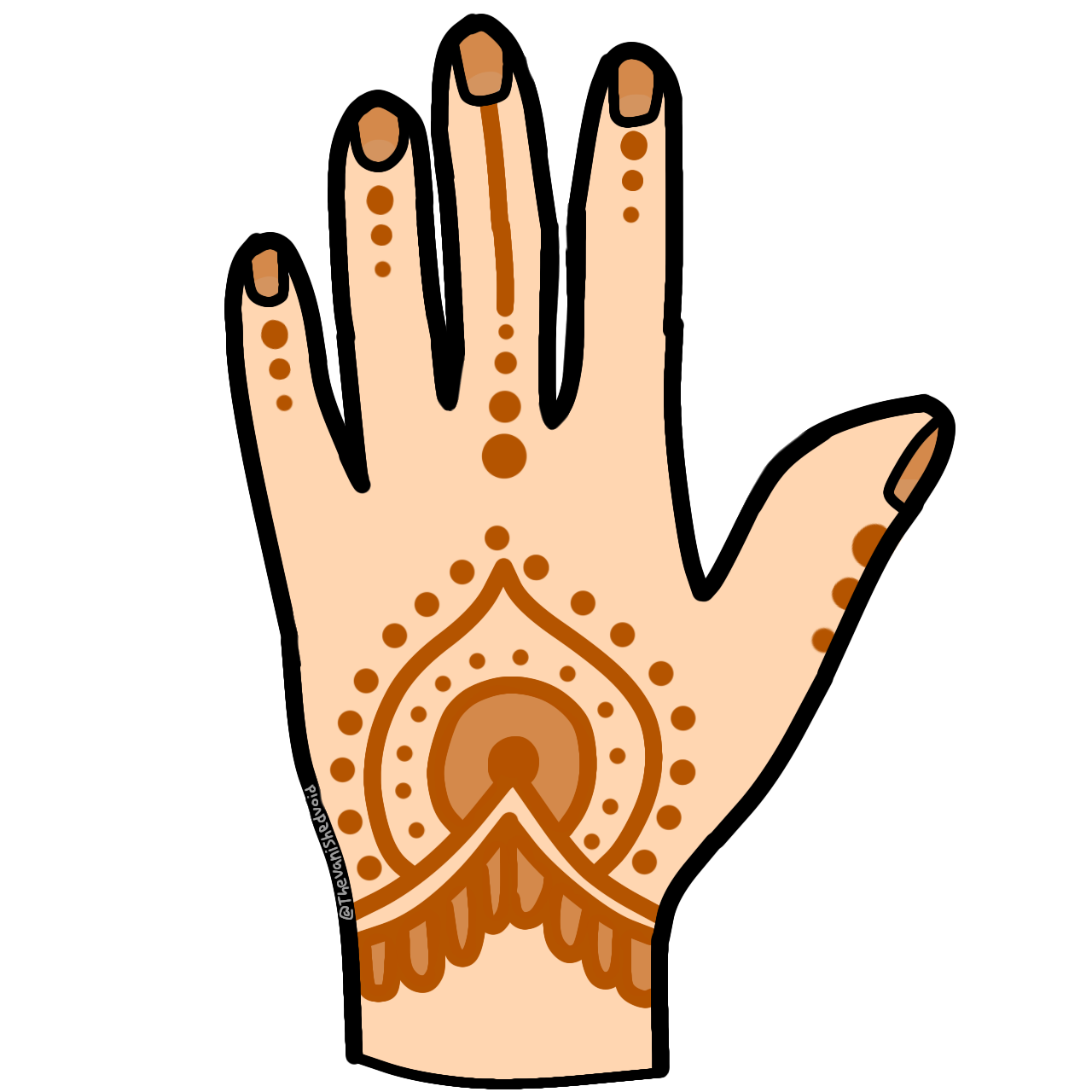 a cartoonish left hand with orange-brown stained pattern on it. the skin color is cream